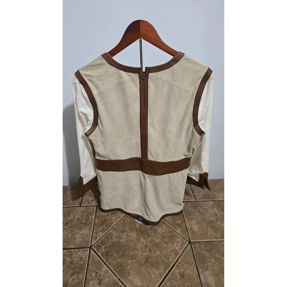 Tory Burch Perforated Leather Trim Tunic Top Cream Brown V-Neck Size M